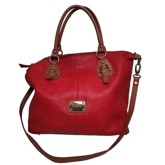 Valentina ITALY red pebble & camel Shoulder Tote Bag - Picture 1 of 8
